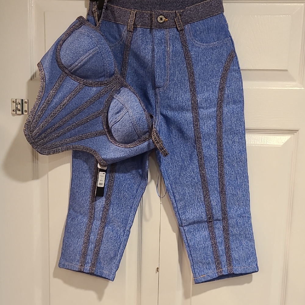 Fashion Nova Blue and Gray Pants & Corset Set
